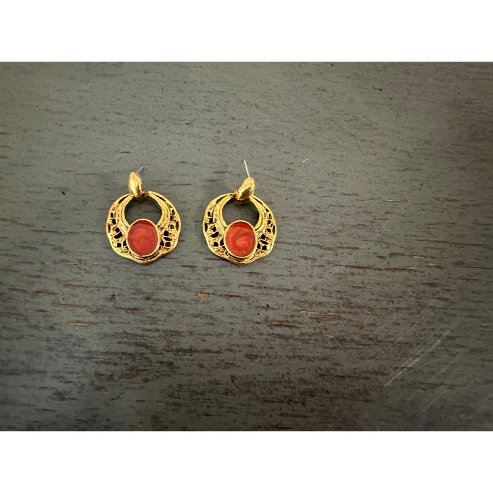 Vintage Gold Tone Red Enamel Openwork Filigree Drop Earrings Bohemian Post Back